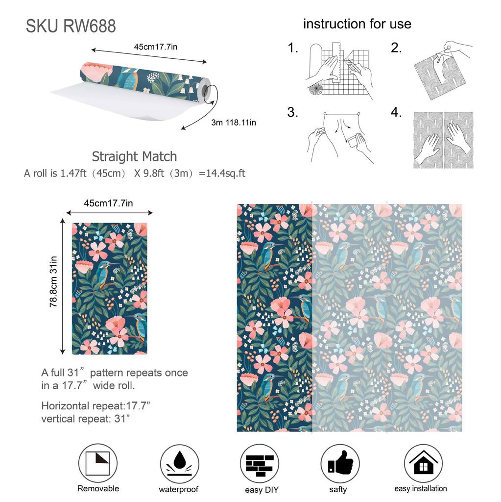 Bird Floral Wallpaper Vinyl Peel and Stick Room Decor Wallpaper Flowers Tropical Removable Waterproof PVC Home Cabinet Stickers