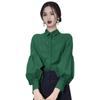 Vintage Blouse Women 2022 Autumn Spring Elegant Fashion Lantern Sleeve Shirt Lady Lapel Loose Striped Tops Green Button Up Shirt