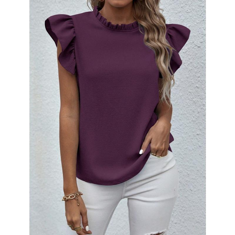 Women Short Sleeve Ruffled Round Neck Blouse
