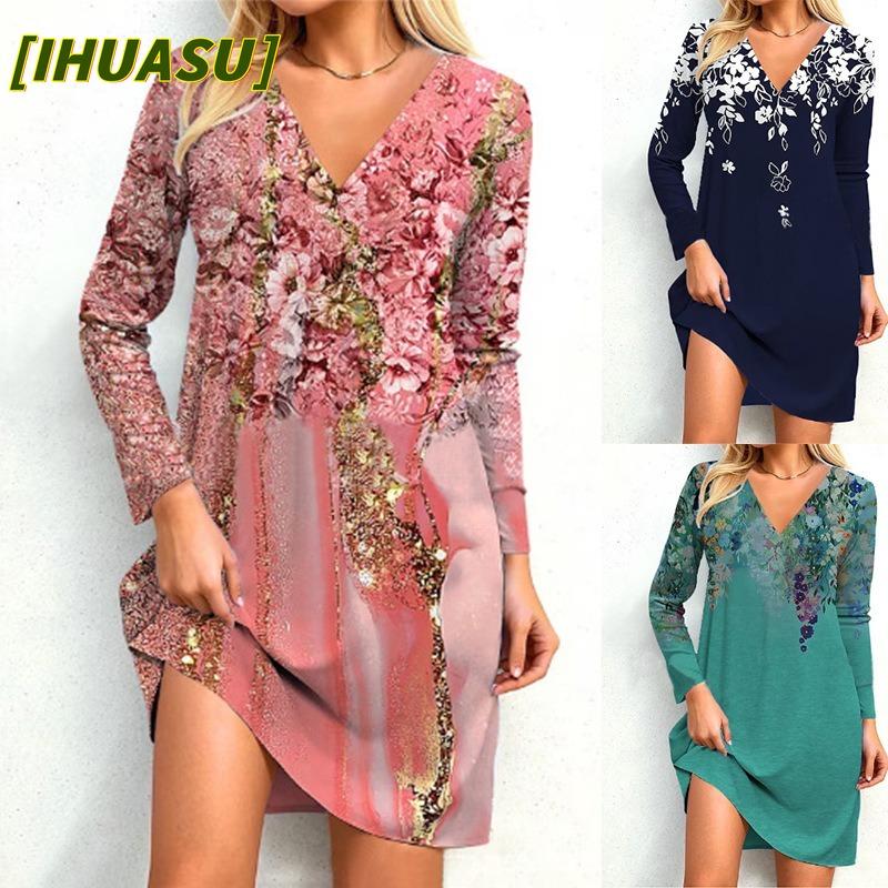 IHUASU Fashion Autumn Winter Long Sleeve V-Neck Casual Dresses
