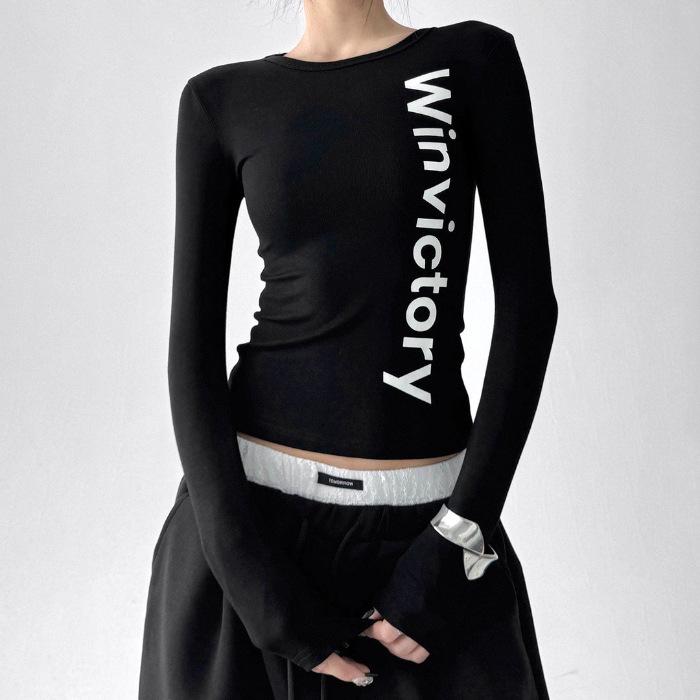 Women s Retro Print American Design Slim Fit Long Sleeve T-shirt Medium чёрный