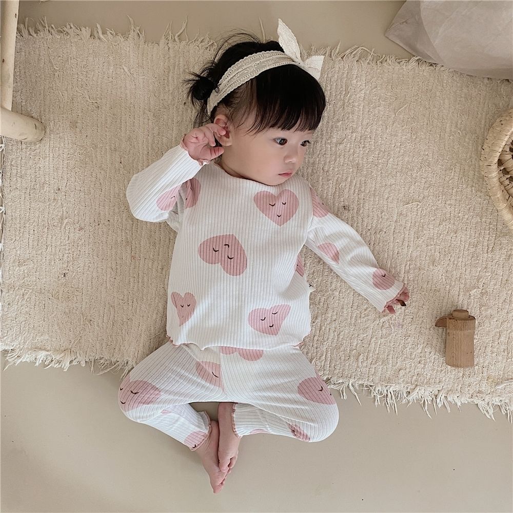 Girls' Home Clothes Baby Girls' Long Sleeve Ribbed Pit Bar Pajamas Two Piece Set with Mushroom Edges