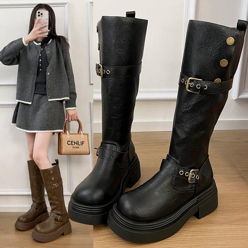 Knight belt buckle boots women's British style retro slim heightening boots autumn and winter 2025 tall new thick bottom