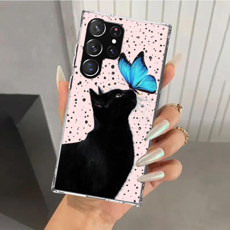 Schwarze Katze Cartoon Niedliche Handyhülle für Samsung Galaxy S26 S24 S23 Ultra S25 Edge S22 S21 Plus S20 FE + Weiche Druckschale Funda Gal