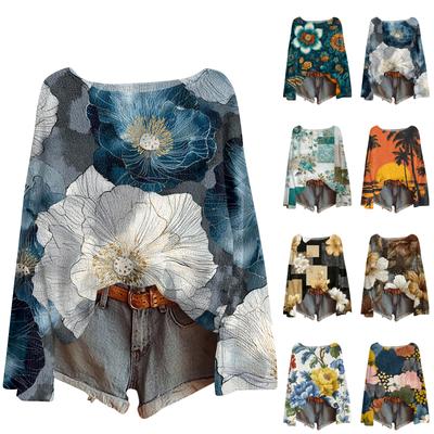 Damski lekki sweter casual z długim rękawem dzianinowy vintage z kwiatowym nadrukiem pulower