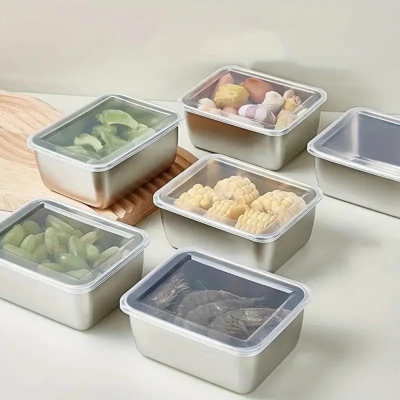 2/4Pcs Fresh-Keeping Box Stainless Steel Rectangular Food Storage Pan with Lid Commercial Dish Tray Freshing Lunch Box Container