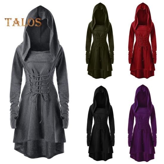 Women Cosplay Dress Gothic Solid Color Lace-up Strap Slim Waist Irregular Hem Hooded Long Sleeves Theme Parties Role-Playing Festival Halloween Midi