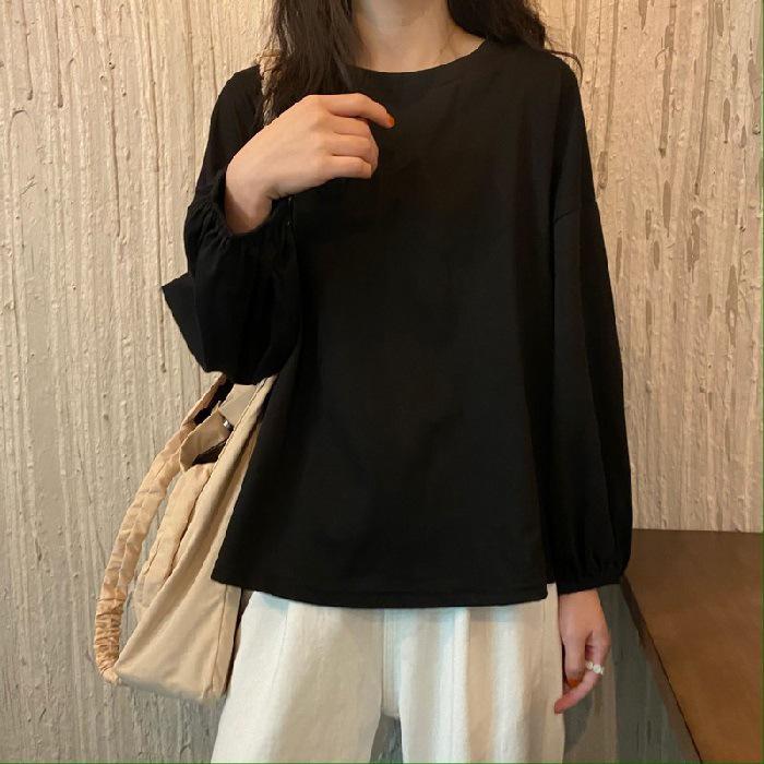 Women's 2024 Autumn Lantern Sleeve Loose Pullover T-Shirt - Solid Color Trendy Style