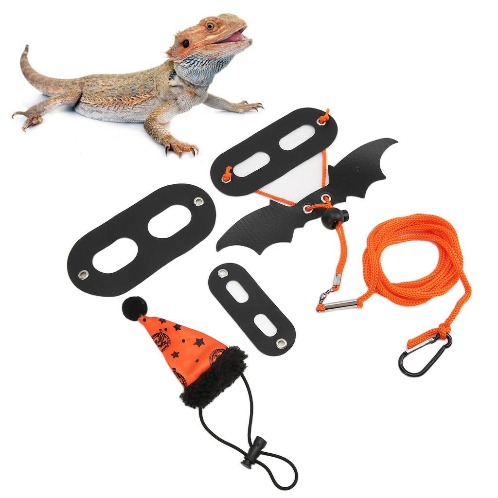 Echsen Leinen Geschirr Set Niedliches Verstellbares Reptilien Zugseil mit Hut Fledermausflügel für Halloween