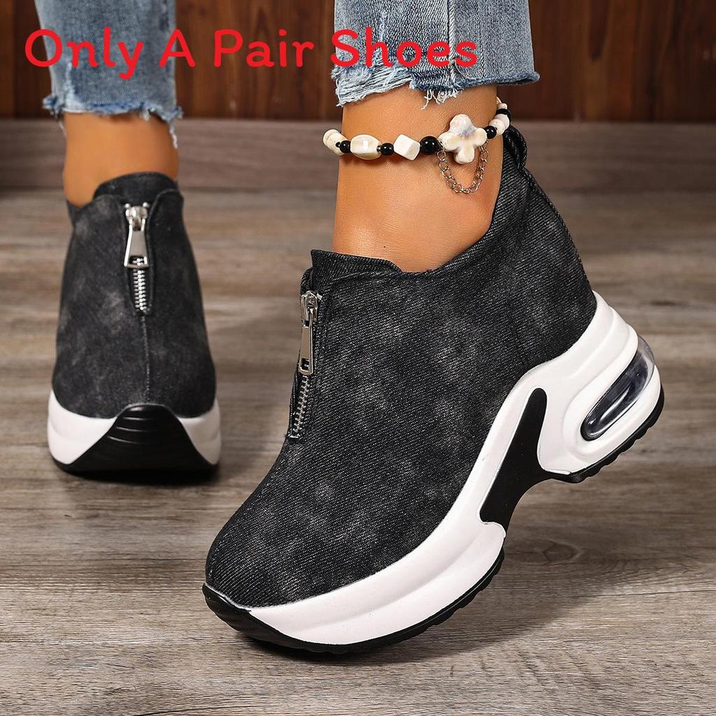 Casual Denim Platform Sneakers With Zipper Closure For Womens Autumn Walks