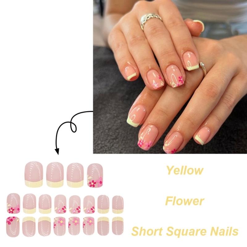 Square Press On Nail Flower Fake Nail Glues On Nail Artificial Acrylic Nail 12 Size 24pcs Stick On Nail for Women Girls