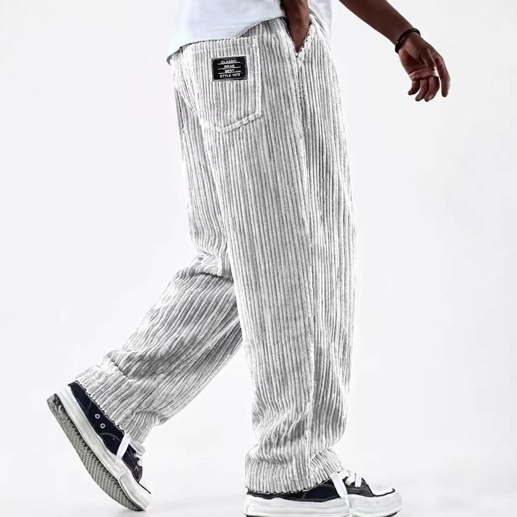 European & American Men's Wide Corduroy Logo Pocket Casual Loose Straight-Leg Pants 2026