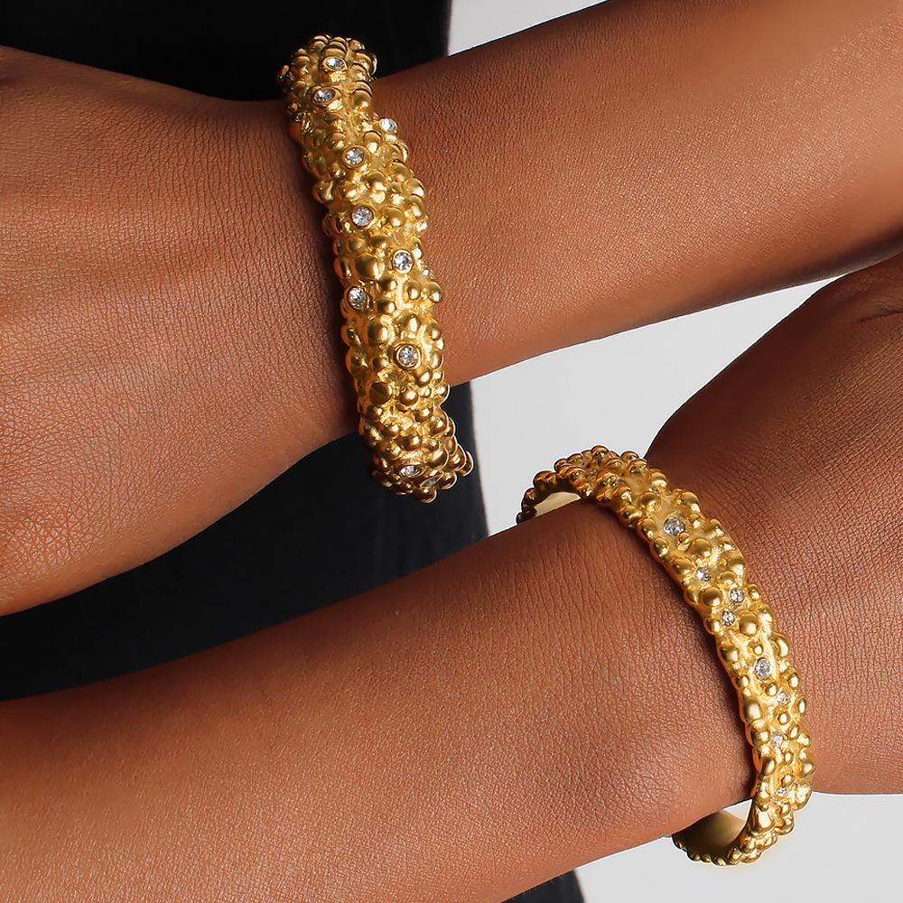 Cross Light Luxury Zircon Open Cuff Bracelet in Titanium Steel with 18K Gold - C-Shaped, High-End, Colorfast Design