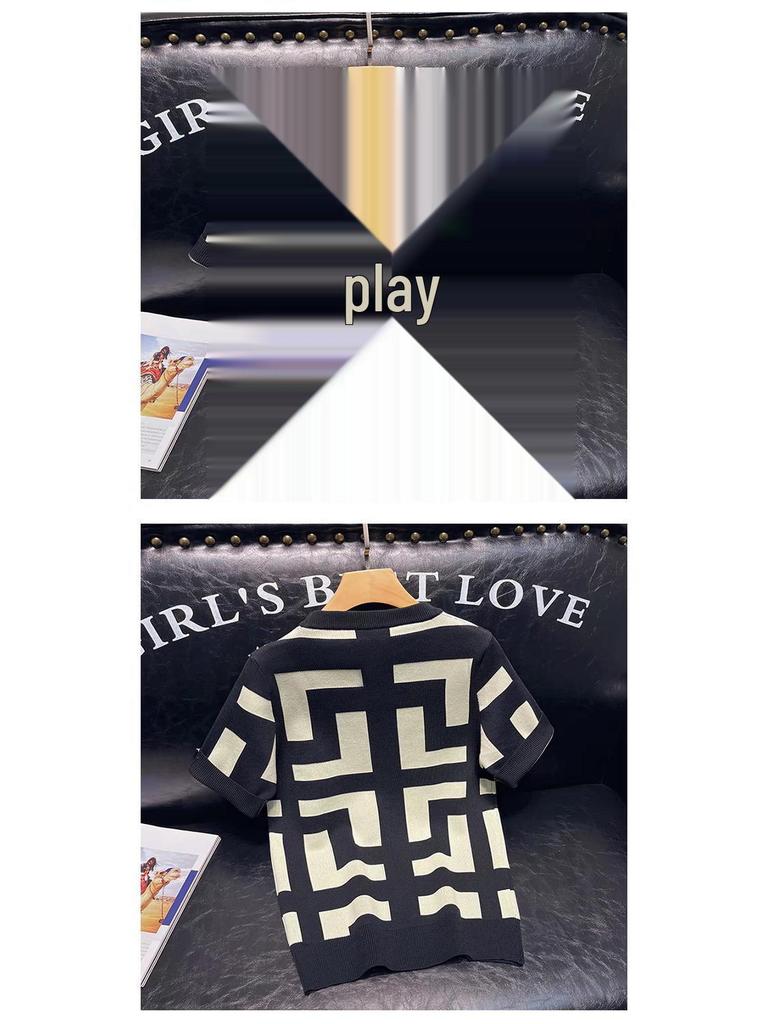 Herren Geometrisches Muster Slim Casual Kurzarm Strick-T-Shirt für Frühling & Herbst