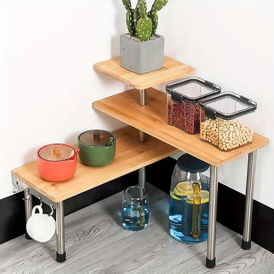 1pc 3 Tier Corner Shelf, Kitchen Shelf, Spice Storage Shelf, Bamboo Countertop Bookshelf Display Shelf, For Living Room, Kitchen, Office