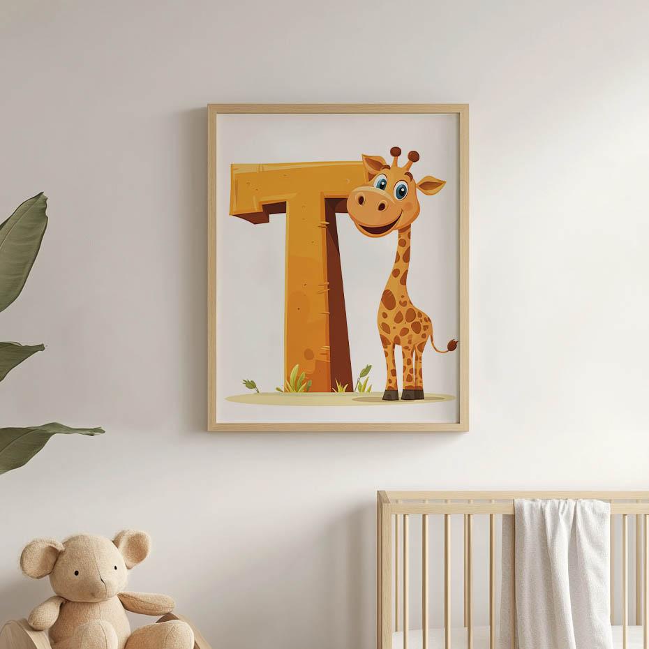 Poster Lächelnde Giraffe mit dem Buchstaben T Poster Lächelnde Giraffe mit dem Buchstaben T, 30X40 cm, Holzrahmen Dunkelbraun, Mattpapier 230 g/m²