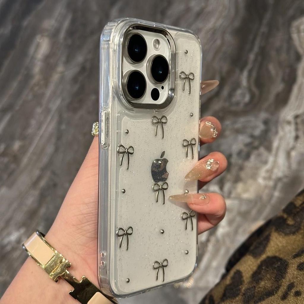 INS Korea Glitter 3D Silver Bow Beads Phone Case For iPhone 17 Air 16 15 14 13 12 11 Pro Max Plus Epoxy Shell Clear Bumper Cover
