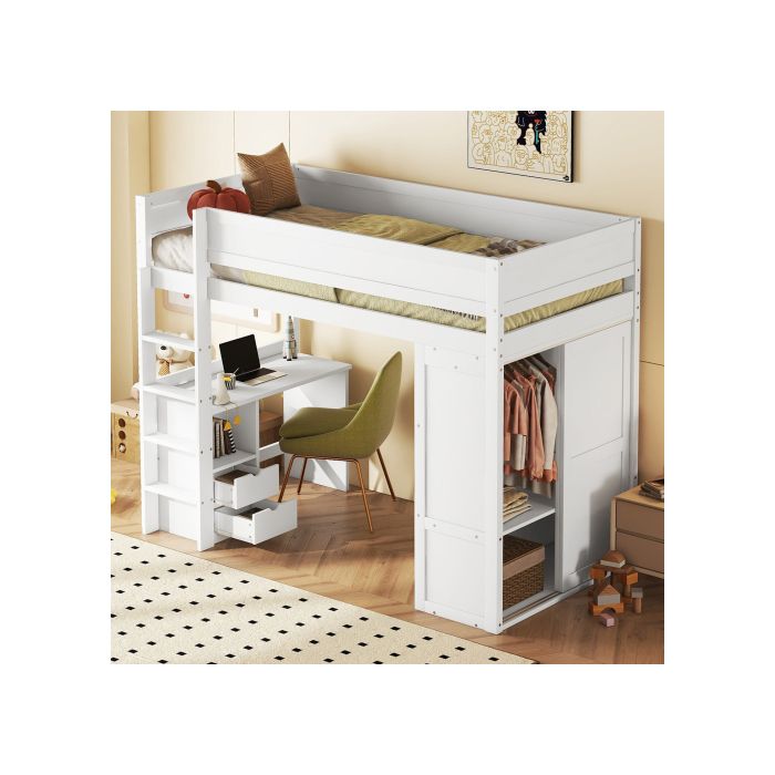 Lit mezzanine - MUVOE - 90x200cm - Blanc - Avec armoire et bureau - 2 tiroirs de rangement