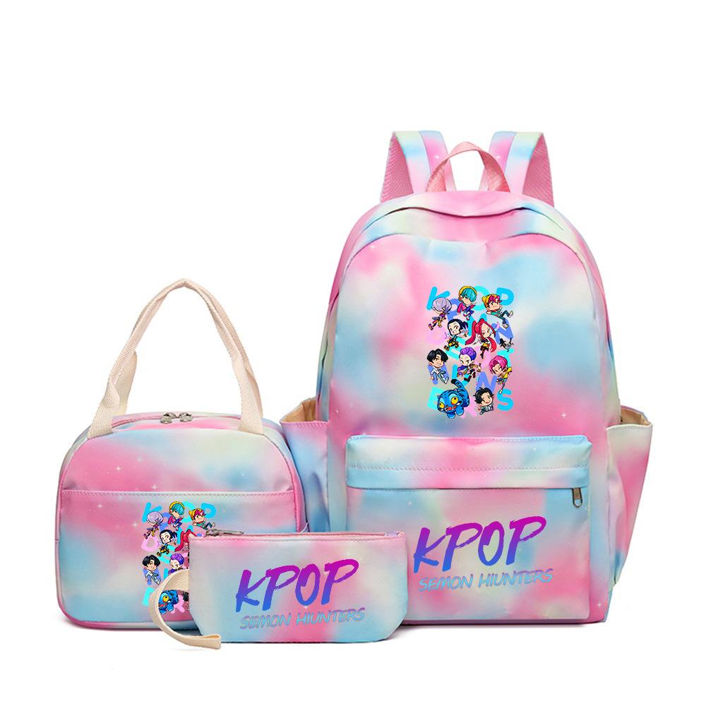Demon Hunters Three-Piece Children'S School Bag Large Capacity 3D Digital Color Printing Kindergarten School Bag Meal Bag Pencil Bag