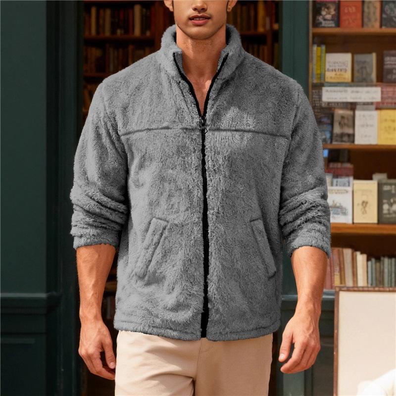 Men's Standing Collar Fleece Top With Zipper Oversized Casual Jacket For Autumn And Winter