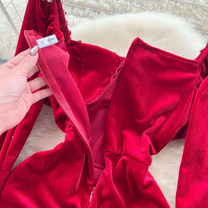 Elegant Square Neck Velvet Split Dress Women Solid Long Sleeve Chic Vintage Clothes Female Korean Fashion Ceremonial Midi Dresses 2024