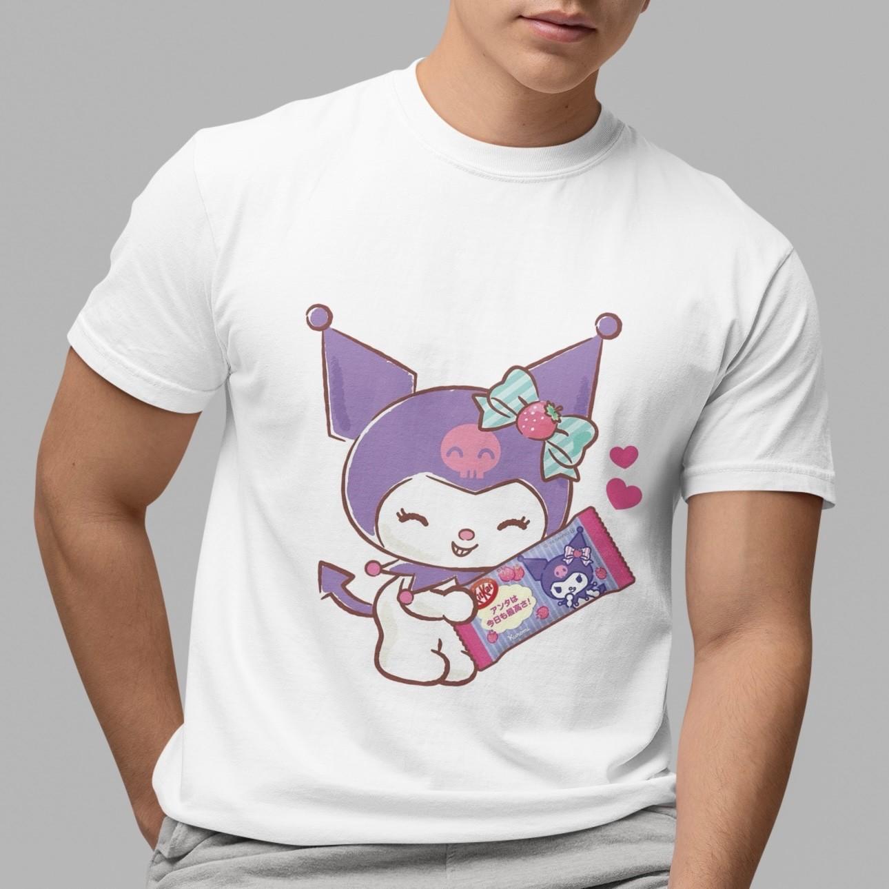 Kuromi Strawberry Kitkat Kawaii Fun Black White Cute Graphic T-Shirt Unisex Tee M
