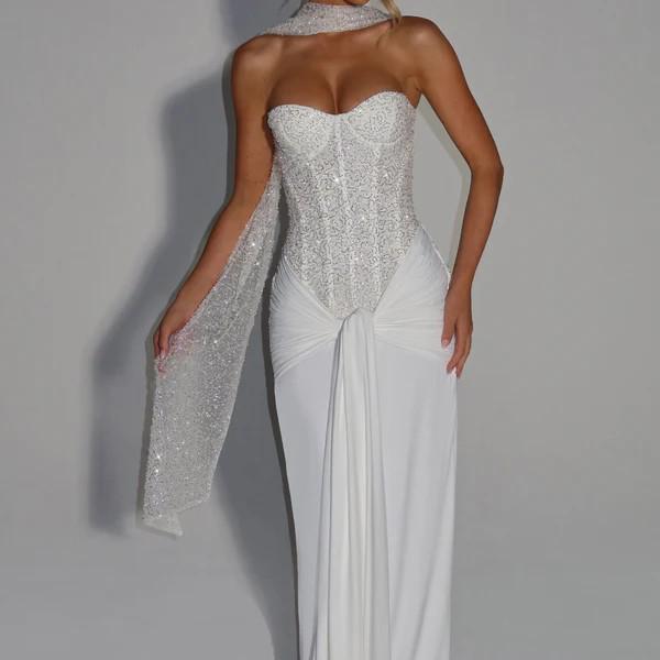 Elegantes Europäisches & Amerikanisches Damen-Formelles Schlank geschnittenes Kleid für Frühling/Sommer mit tiefem Ausschnitt, Pailletten, Reißverschluss und Falten-Design