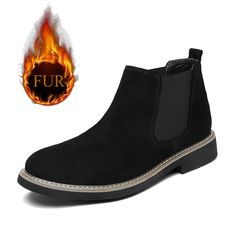 Fashion Winter Plush Fur Chelsea Men's Boots Cowhide Ankle Boot Outdoor Sports Men's High Top Shoes Classic Simple Western Cowboy Boots