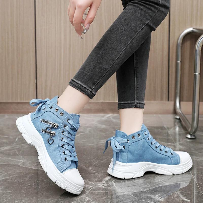 Trendy High Top Canvas Shoes 2024 Autumn New Thick Soled Casual Versatile High Top Women's Board Shoes Zapatos De Mujer Sneakers