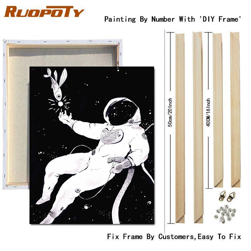 RUOPOTY צייר לפי מספרים אסטרונאוט איור קיר אמנות ייחודית מתנה מצוירת ביד תמונה לפי מספרים ירח לסלון