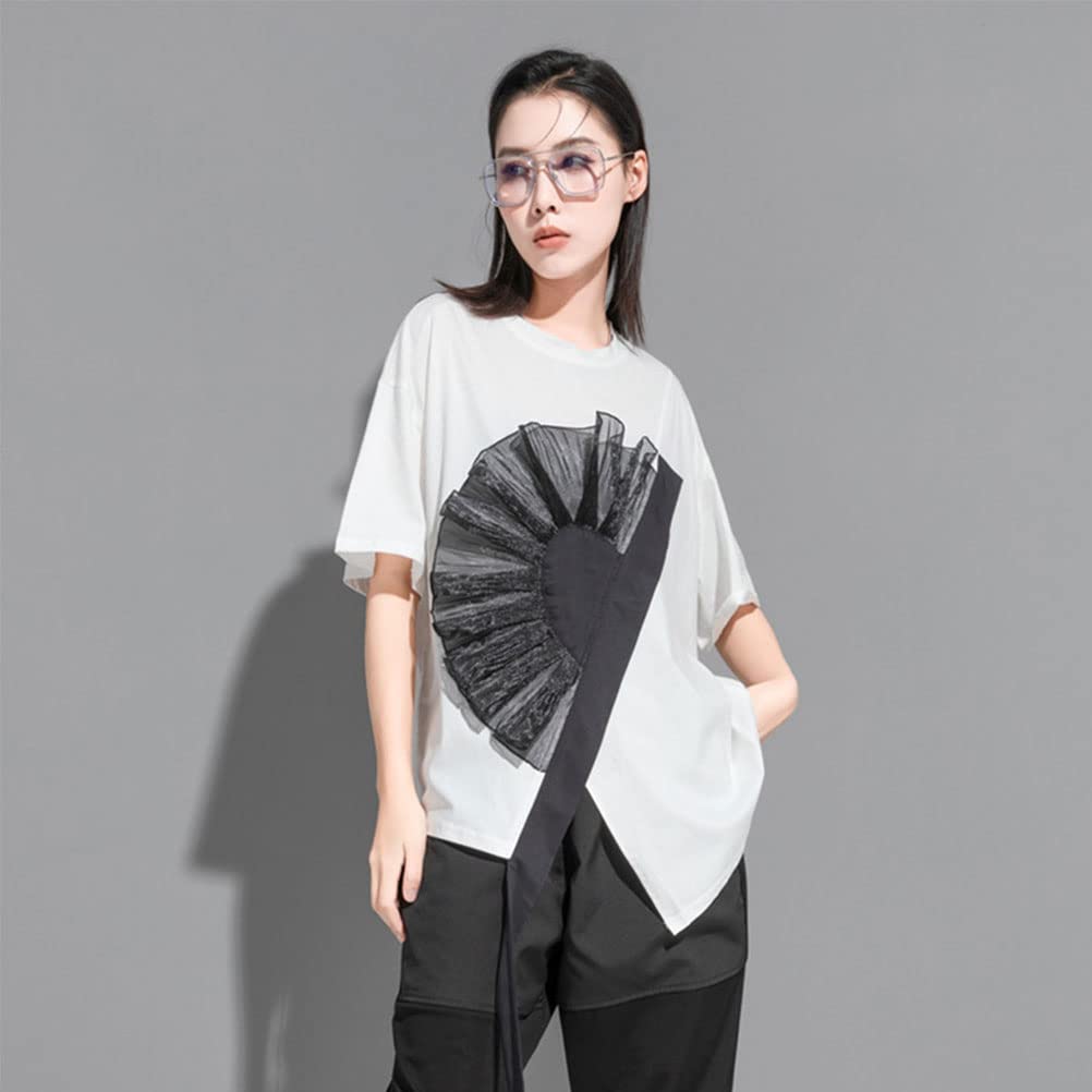 3D Floral Short Asymmetrical Floral Loose One Size Fits White with Black X-CHEN T-Shirt, Women's, Sleeve, Design, Fit, Stylish, Stylish, Spring/Summer