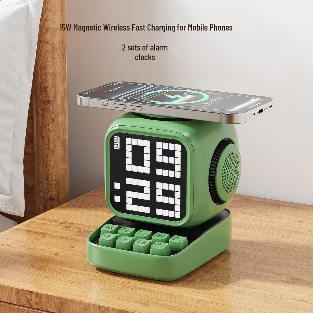 Little Magic Cube Smart Bluetooth Speaker with Magnetic Wireless Charger, Alarm Clock, White Noise, and Retro Design