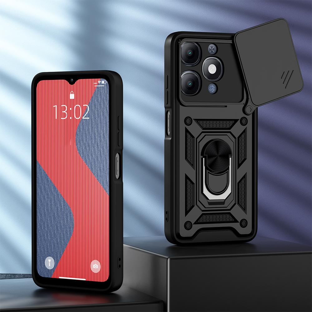 KEYSION Shockproof Armor Case for Itel A90 4G Silicone+PC Slide Camera Lens Protection Ring Stand Phone Back Cover for Itel A90