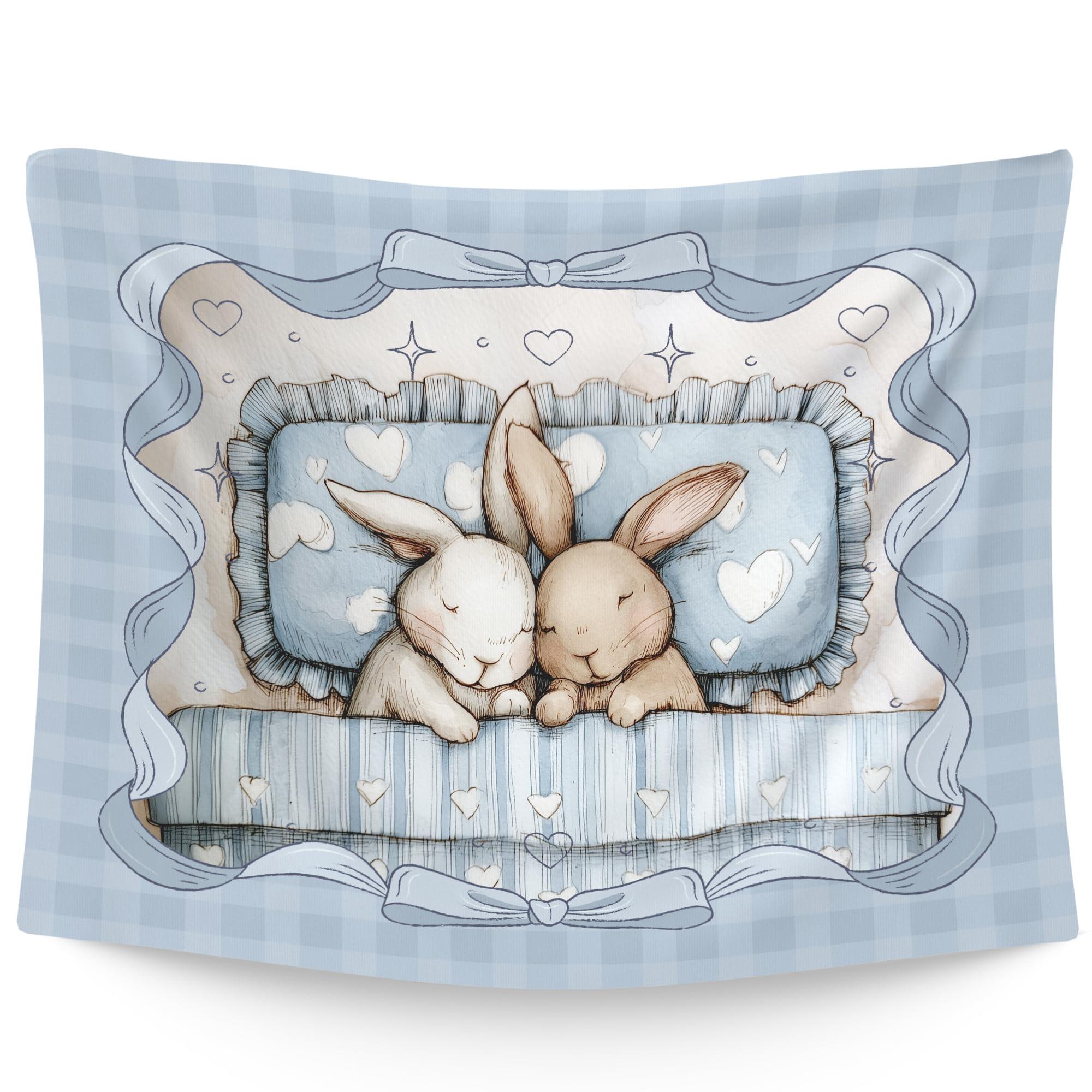 

VIKAMA Blue Gingham Sleeping Bunnies Tapestry Cozy ParentChild Style Wall Hanging for Nursery Kids Bedroom Decor 74x94cm(29x37in)