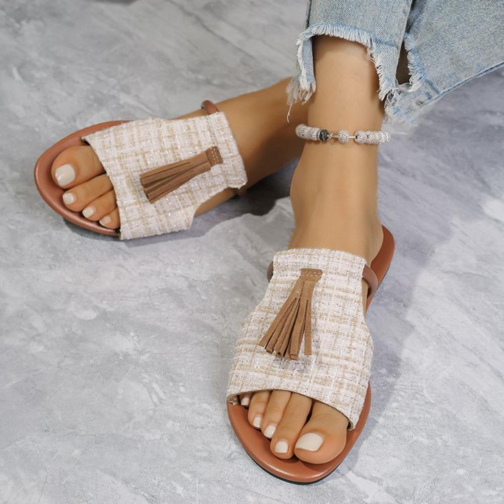 Fashion Women's Casual Beach Holiday Slippers 2025 Summer New Fashion Fringe Outdoor Flat Shoes Open Toe Sandals Zapatos De Mujer Slides
