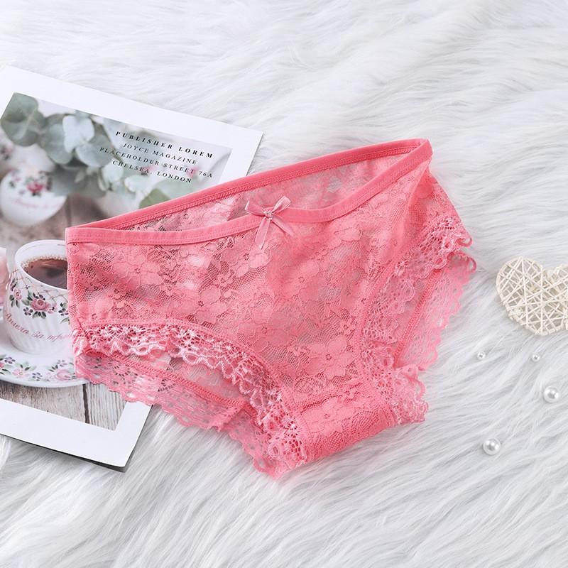 Girls' Sexy Lace Briefs Breathable Underwear with Butterfly Knot Carved Mid Air Waist Knickers Solid Color Women's Triangle Panties