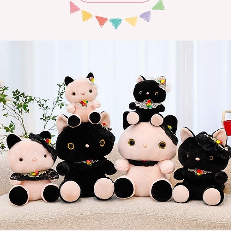 Adorable Black Lace Cat Plush Toy 8 Inch Soft Cuddly Pillow For Girlfriend Gifts