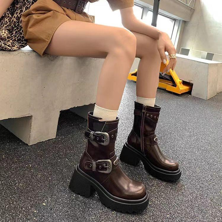 

2024 autumn and winter new women s shoes medium top casual fashion Martin boots platform rubber fashion thin boots knight boots 35