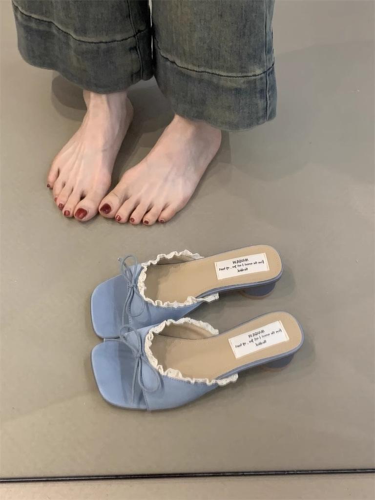 Fashion Slope Heel One-word Sandals Women's Summer New Bow Thick Heel Medium Heel Gentle with Skirt Slippers