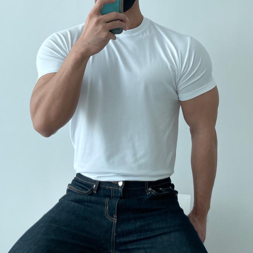 Men s High Elasticity Quick Dry Sweat-Wicking Round Neck Sports T-shirt XXXL белый