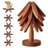 4pcs Christmas Tree Coaster Set Anti-scald Walnut Wood Tree Trivet Set Tree-shaped Foldable Kitchen Wooden Trivet for Desk Decor