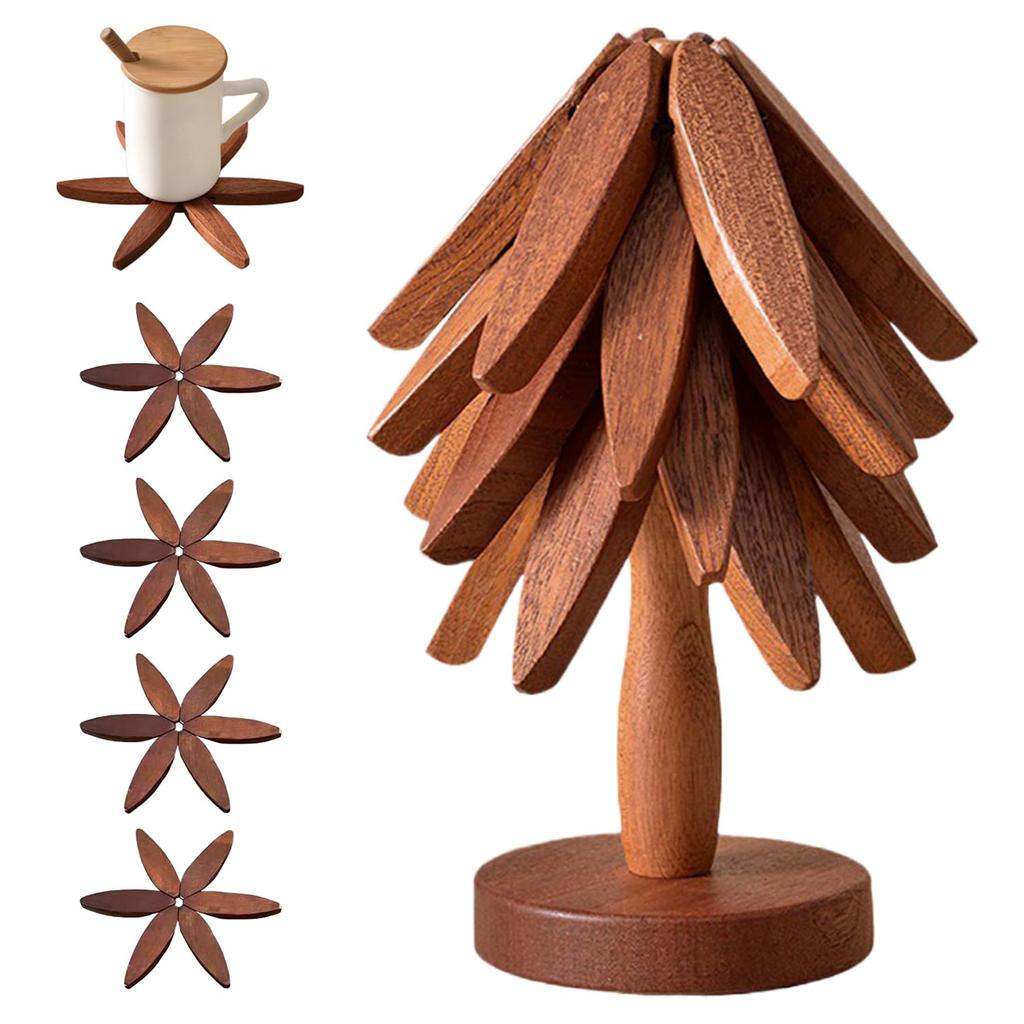 4pcs Christmas Tree Coaster Set Anti-scald Walnut Wood Tree Trivet Set Tree-shaped Foldable Kitchen Wooden Trivet for Desk Decor