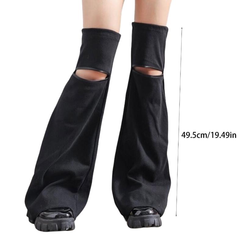 Women Punk Hollowed Out Thgh High Flared Leg Warmers Over Knee Long Socks Solid Color Leg Covers Stockings Streetwear