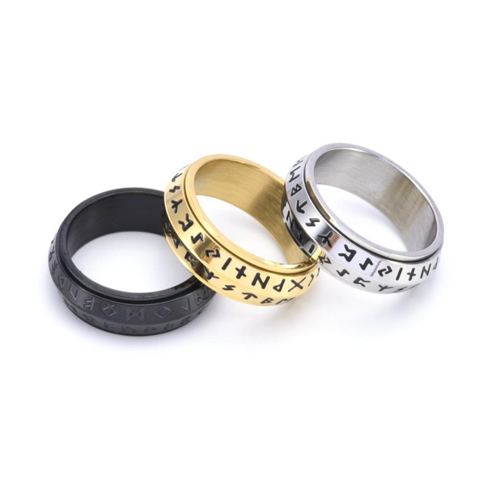 Unisex Rotating Titanium Steel Ring with Ancient Norse Runes Gothic Style Jewelry for Men