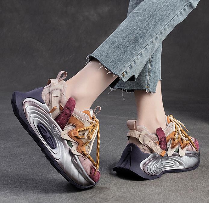 6CM Spring Air Mesh Leather Pigskin Women Ankle Boots Flats Booties Mixed Color Chunky Sneaker Comfy Fall Summer Shoes