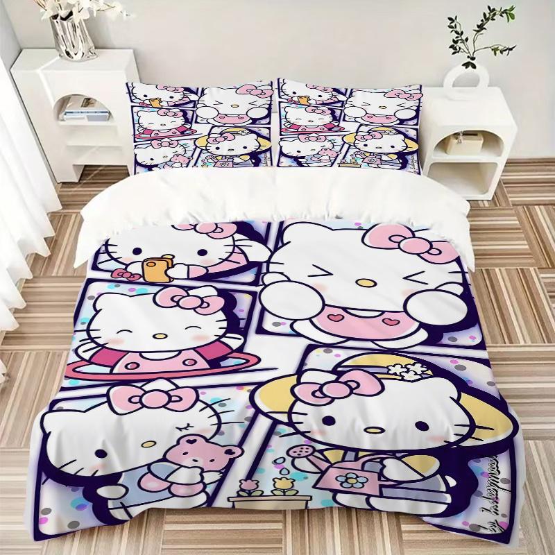 3pcs Hello Kitty's Cute Moments Bedding Set Includes Quilt Cover and Pillowcases, Suitable for All Seasons, Machine Washable Ideal Gift S043