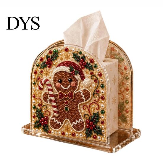 Handmade Craft Project for Adults DIY Christmas Faux Pearl Art Painting Tissue Box Holder, 3D Rhinestone Beads Gingerbread Man Crafts Gem Holder
