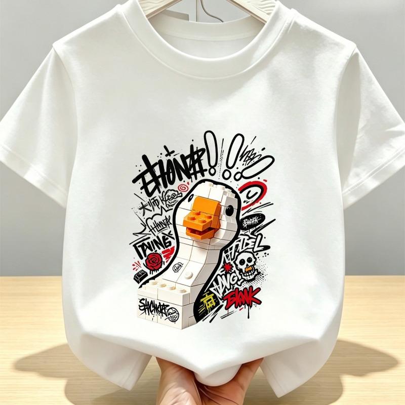 Kids Creative Building Block Doodle White Goose Print Crewneck Short Sleeve Tee