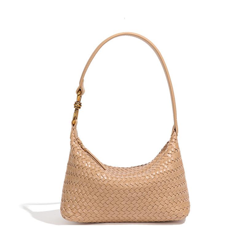 Vintage Hand Woven PU Underarm Shoulder Bag, Amber Brown Small Hobo Bag with Long Shoulder Strap, Multi Pocket Daily Casual Shoulder Purse for Women