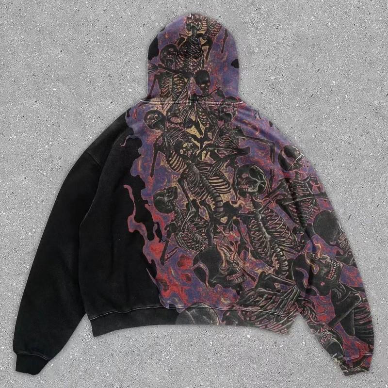 Womens Dark Skull Print Hoodie Long Sleeve Loose Streetwear